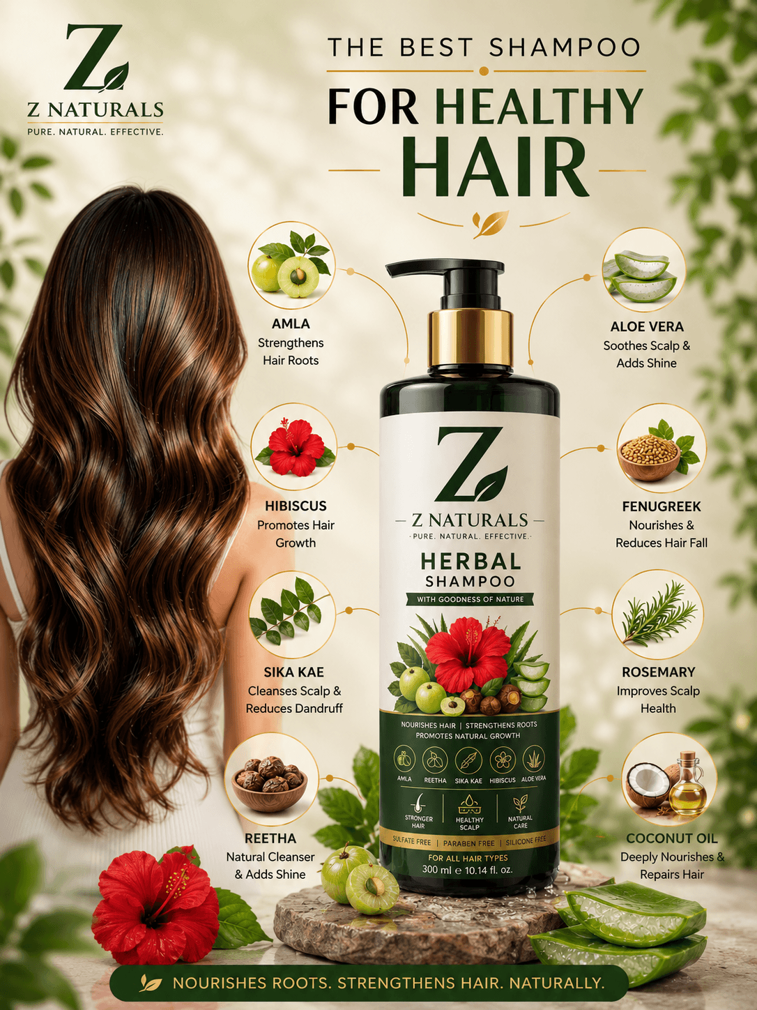 Z Naturals Herbal Shampoo infographic: the bottle surrounded by callouts for Amla, Aloe Vera, Hibiscus, Fenugreek, Sika Kae and Rosemary, beside a photo of long healthy hair.