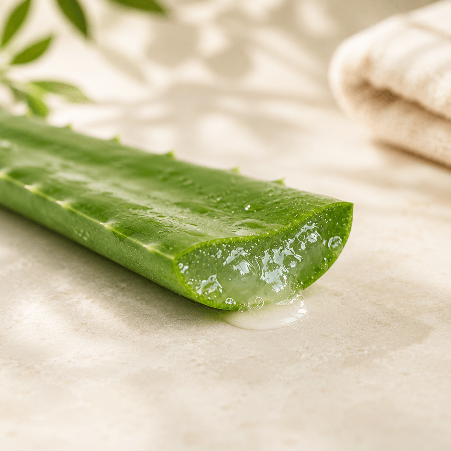 A freshly cut Aloe Vera leaf with cooling gel visible at the edge in a bright studio setting.