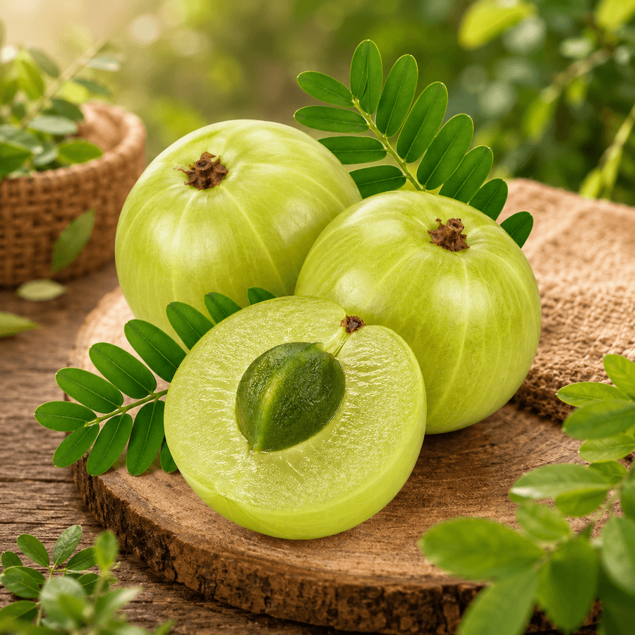 Fresh green Amla (Indian gooseberry) berries with water droplets against blurred botanical leaves.
