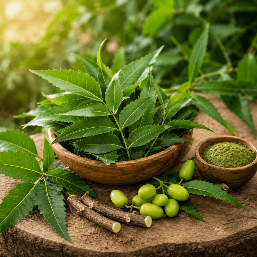 Vibrant green Neem leaves arranged on a stone plate, edges crisply lit.